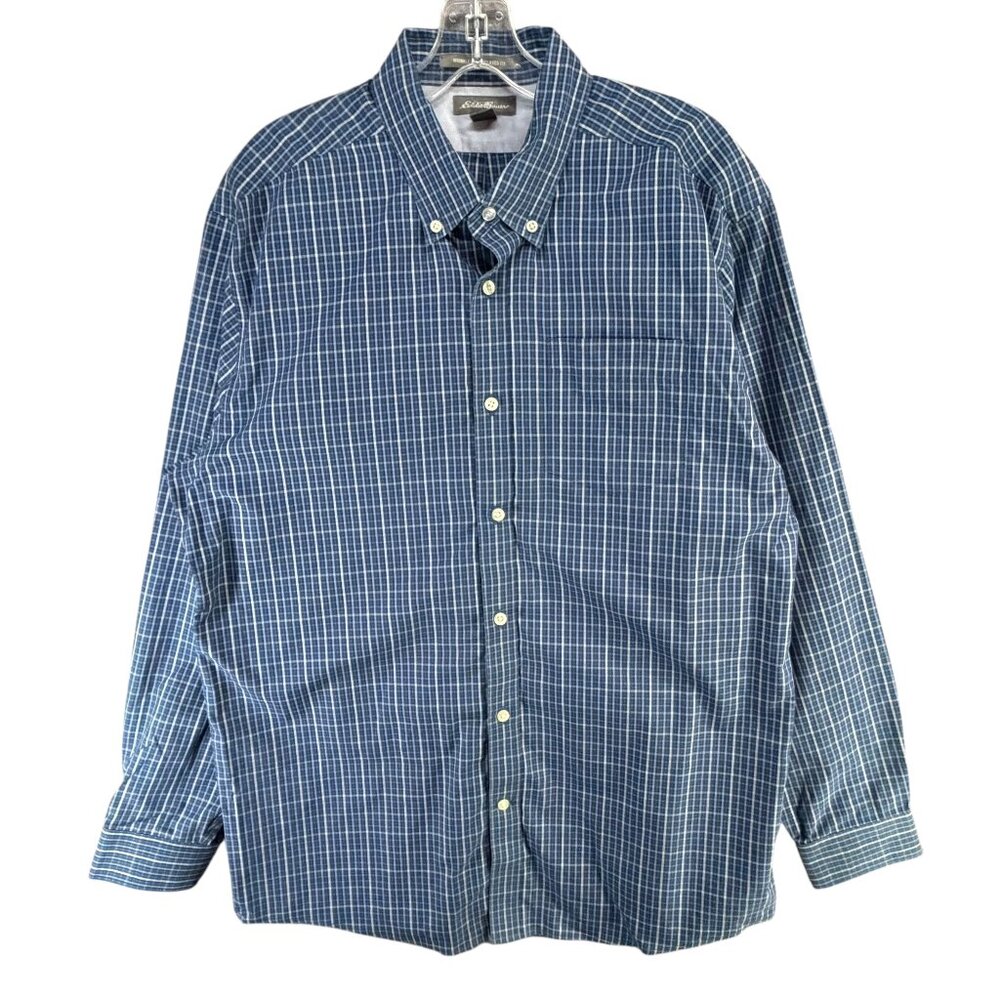 Eddie Bauer Wrinkle Free Relaxed Fit Shirt Mens L Blue Plaid Button Down Casual